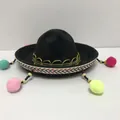 Detailed view of mini black Mexican sombrero hat with colorful pom-poms for parties - Black Felt Multicolor Pompom Pendant Style (24) / Headband Style