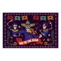 Buntes Tag der Toten Hintergrundbanner mit tanzenden Skeletten und mexikanischen Motiven - Skelett Musiker Design (WLJ026-01) / 180x110cm / Dunkelviolett