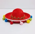 Detail of mini red Mexican sombrero with gold trim and colorful pom-poms for parties - Headband Style / Bright Red Felt Style with Gold Embroidery (47) / Red (47)