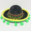 Detailed macro view of colorful embroidery and green pom-poms on a mini Mexican carnival hat. - Black Felt Bright Green Pompom Style (15) / Headband Style