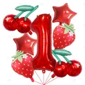 Insieme di palloncini in alluminio fragola e ciliegia con numero uno rosso per feste - Stile Numero 1 Tema Frutta / Set da 7 pezzi