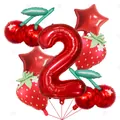 Dettaglio set di palloncini in alluminio a tema frutta con ciliegia, fragola e n. 2 - Stile Numero 2 Tema Frutta / Set da 7 pezzi