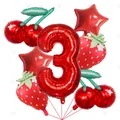 Set decorazioni festa tema frutta con palloncini in foil numero 3 fragola e ciliegia rossi - Stile Numero 3 Tema Frutta / Set da 7 pezzi