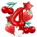 Set palloncini rosso numero 4 a tema fragola e ciliegia per decorazione compleanno - Stile Numero 4 Tema Frutta / Set da 7 pezzi