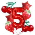 Vibrant red number 5 foil balloon set with strawberry and cherry shapes for parties - Fruit Theme Number 5 Style / 7-Piece Set