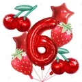Vibrant summer fruit-themed foil balloon set featuring strawberry cherry and red number 6 - Fruit Theme Number 6 Style / 7-Piece Set