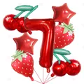 Macro view of strawberry and cherry shaped foil balloon set for birthday parties - Fruit Theme Number 7 Style / 7-Piece Set