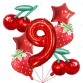 Close-up of strawberry, cherry, and number 9 foil balloons for party decoration - Fruit Theme Number 9 Style / 7-Piece Set