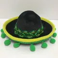Detailed view of mini black Mexican sombrero hat with green pom-poms for parties - Black Felt Green Pompom Style (22) / Headband Style