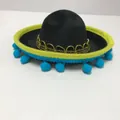 Close-up of mini Mexican sombrero with blue pom-poms and yellow brim for parties - Black Felt Blue Pompom Style (37) / Headband Style