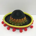 Mini Mexican sombrero with black felt, yellow brim, red pom-poms and gold embroidery details. - Headband Style / Black Felt Style with Yellow Trim and Red Pompoms (7) / Black(7)