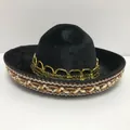 Mini black Mexican sombrero hat with gold band and patterned woven brim detail - Black Felt Brown/White/Yellow Woven Style (26) / Headband Style