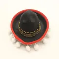Mini Mexican sombrero party hat detail with red brim and white pom-poms decoration - Black Felt Red Trim White Pompom Style (28) / Headband Style