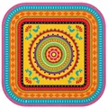 Plato de papel cuadrado mexicano con vibrante diseño de arte popular y mandala - Plato de Postre Cuadrado de Estilo Mexicano (MM098) / 7 Pulgadas (8 Piezas)