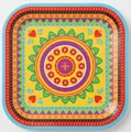 Assiette carrée mexicaine pour fête avec motif de mandala coloré et festif - Assiette Plate Carrée de Style Mexicain (MM098) / 9 Pouces (8 Pièces)
