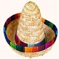 Mini straw Mexican sombrero hat with colorful rainbow striped trim for party decor - Headband Style / Natural Straw Style with Rainbow Trim / Natural Straw
