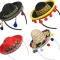 Detailansicht von vier verschiedenen bunten Mini-Mexikaner-Sombrero-Party-Stirnbändern - Set 3