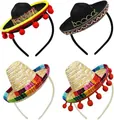 Set aus vier Mini-Sombrero-Stirnbändern mit bunten Pompons und Webmustern für Partys - Set 4