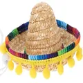 Mini straw Mexican sombrero with colorful trim and yellow pom-poms - Headband Style / Straw Hat + Yellow Pompoms