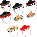 Detailed view of eight mini Mexican sombrero headbands with colorful pom-pom trims for party - Set 10