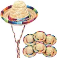 Set aus Mini-Mexikaner Strohhüten mit bunten Regenbogen-Stoffrändern für Party-Deko - Größe S Durchmesser 16cm / Natürliches Weizenstroh