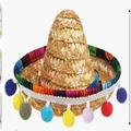 Mini Mexican straw sombrero with colorful pom-poms for carnival party headband decoration - Headband Style / Straw Hat + Colorful Pompoms