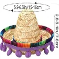 Mini Mexican straw sombrero with colorful trim and purple pom-poms, 15-16cm diameter - Headband Style / Diameter 16cm x Height 8cm / Straw Hat + Purple Pompoms