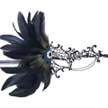 Élégant masque de mascarade en dentelle noire avec plumes de paon et strass brillants - Noir