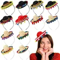 Diverse collection of mini Mexican sombrero headbands with pom-poms shown on a model - Set 15