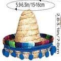 Mini Mexican straw sombrero hat with blue pom-poms for carnival party decoration 15cm - Headband Style / Diameter 16cm x Height 8cm / Straw Hat + Blue Pompoms