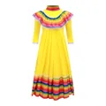 Robe de costume de folklore mexicain traditionnel avec tissu jaune et volants arc-en-ciel - 95~105cm / Tops / Jaune
