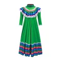 Robe traditionnelle mexicaine verte avec volants rayés colorés et bordure dentelle - 95~105cm / Tops / Vert