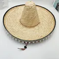Sombrero de paja tradicional mexicano con pompones blancos y barboquejo ajustable - L (58-60cm) / Beige