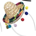 Diadema de mini sombrero mexicano de paja con pompones de colores - Tipo de Cuerda de Barbilla / Estilo de Pompones Coloridos