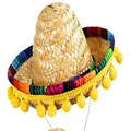 Mini sombrero de paja para mascotas y muñecas con borde colorido y pompones amarillos - Tipo de Cuerda de Barbilla / Pompon Amarillo