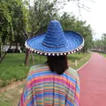 Vibrant blue Mexican straw sombrero hat paired with a colorful striped poncho in an outdoor park - 53CM Diameter / Blue
