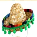 Mini sombrero de paja con ribete colorido y pompones verdes para mascotas y niños - Tipo de Cuerda de Barbilla / Pompon Verde