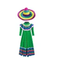 Vibrant green Mexican folk costume dress set with colorful woven straw sombrero hat - 135~155cm / Top And Bottom / With Sombrero Hat / Green