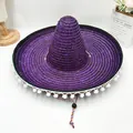 Sombrero de paja mexicano morado con pompones blancos y barboquejo trenzado colorido - L (58-60cm) / Púrpura