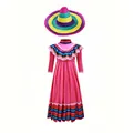 Vibrant pink Mexican folk costume dress with rainbow ruffles and matching straw sombrero hat - 135~155cm / Top And Bottom / With Sombrero Hat / Rose Red