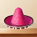 Vibrant pink Mexican straw sombrero with white pom-pom trim for kids carnival costumes. - Rose Pink With White Pom Poms (Style 6)