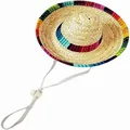 Mini Mexican straw hat for dogs with colorful brim and adjustable drawstring - Chin Strap (No Pompom) / Natural Wood Color