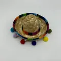 Mini Mexican straw sombrero hat for pets with colorful pom-poms for dog party - Natural Straw Colorful Pom Pom Style (Style 6)