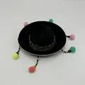 Miniature black Mexican pet sombrero with vibrant colorful pom-poms and gold trim - Black Colorful Pom Pom Beads Style (Style 7)