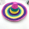 Detail view of a colorful Mexican straw hat featuring vibrant hand-woven stripes for parties - Rose Red Trim Plain Style / 50cm Diameter / Colorful