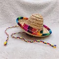 Mini cappello di paglia messicano sombrero con bordo colorato a righe e cordino per animali - Cappello di Paglia Messicano Arcobaleno (Campione)
