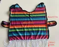 Detailansicht der Maße des bunten mexikanischen Haustier-Ponchos mit weißen Fransen - M / Regenbogenstreifen Umhang Hut Set