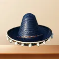 Navy blue Mexican sombrero straw hat with white pom-poms for festival celebrations - Deep Blue With White Pom Poms (Style 5)