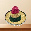 Colorful Mexican straw sombrero with white pom-pom trim for carnivals and parties - Pink Green Splicing With White Pom Poms (Style 8)
