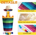 Detail view of Mexican-inspired stripes, woven straw, and colored balls on bottle decor - Set 1 - Hat and Poncho